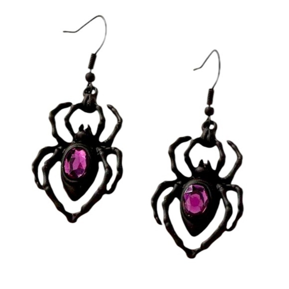 Halloween Goth Black Widow Purple Crystal Spider Charm Earrings